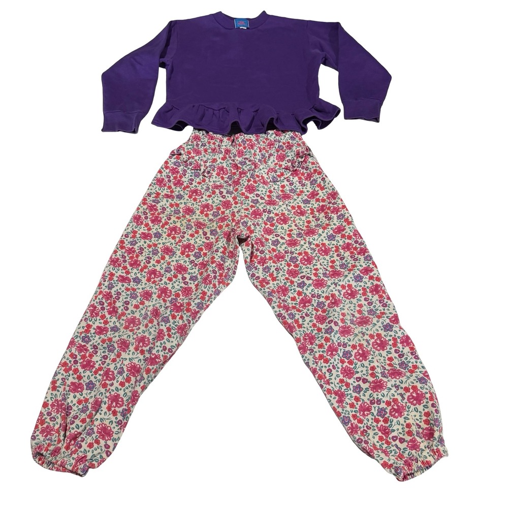 Vintage New Moves Kids Girls Purple Ruffle Sweatshirt Floral Pants Set Size 6
